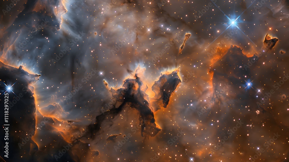 Sticker intricate nebula formation with stars, dense nebula structure illuminated by warm orange and deep bl