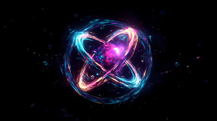 Obraz premium A futuristic representation of an atom, with neon-glowing orbits and particles, floating in a dark void. Void. Illustration