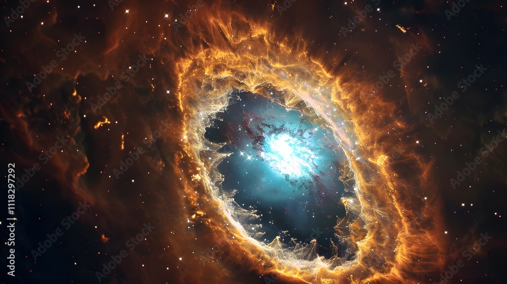 Wall mural golden nebula encircling a bright blue core, circular golden nebula with fiery textures surrounding 
