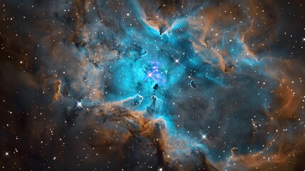 Fototapeta premium Bright Blue Nebula with Starry Background, vivid blue nebula surrounded by warm orange gas clouds and twinkling stars in the infinite blackness of space