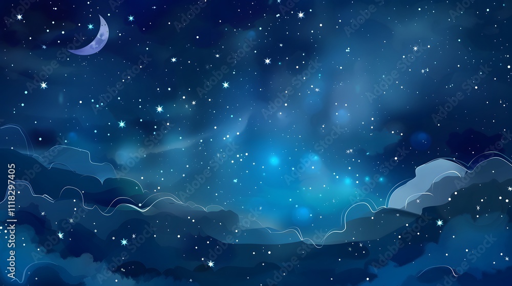 Wall mural crescent moon and stars illuminating a dreamy night sky over a serene mountain silhouette background
