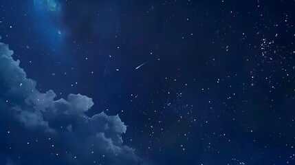 Shooting star crossing a clear night sky adorned with countless stars and fluffy clouds in the background