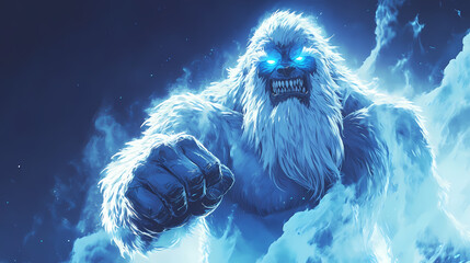 A hulking, frost-covered yeti with glowing blue eyes, its breath turning to mist in the cold void as it raises a massive fist, generative ai. Void. Illustration