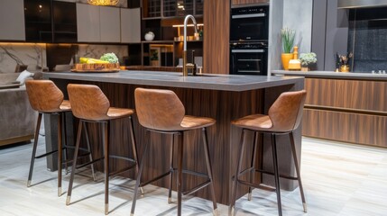 Modern kitchen island with brown leather bar stools and dark wood cabinetry.