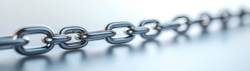 Material science durability concept. A close-up view of a metallic chain with interlocking links, showcasing its texture and shine.