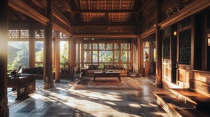 Fototapeta premium Sunlit interior of a spacious wooden house with large windows, showing a living room and office area.