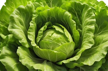 Fototapeta premium Close-up of a vibrant green lettuce head with large, curled leaves arranged in a fan-like pattern. Captured on a clean white background, highlighting its freshness and texture.