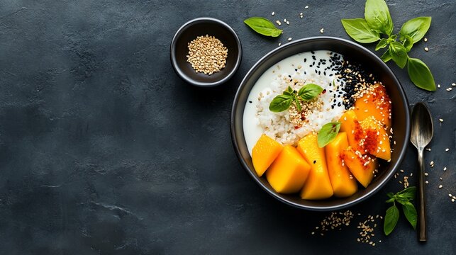 Healthy Mango Rice Bowl with Yogurt, Sesame Seeds, and Basil.