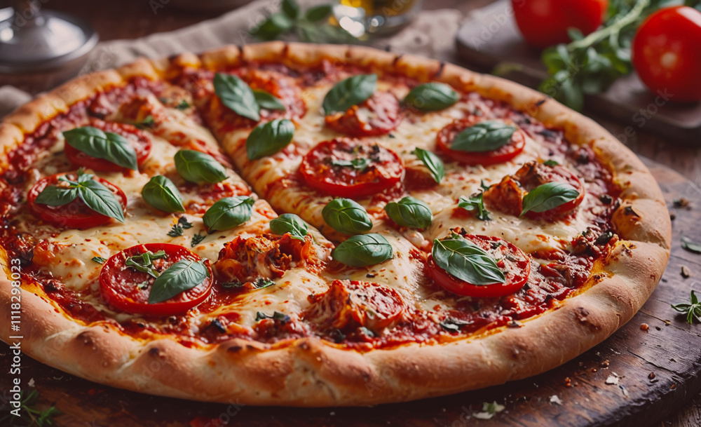 Poster a pizza with tomatoes and basil on top. the pizza is cut in half and is sitting on a wooden table
