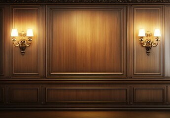 Dark wood wall paneling with ornate sconces.