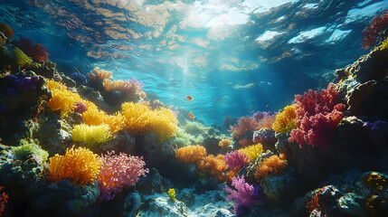 Obraz premium Underwater Coral Reef Illustration with Sun Rays