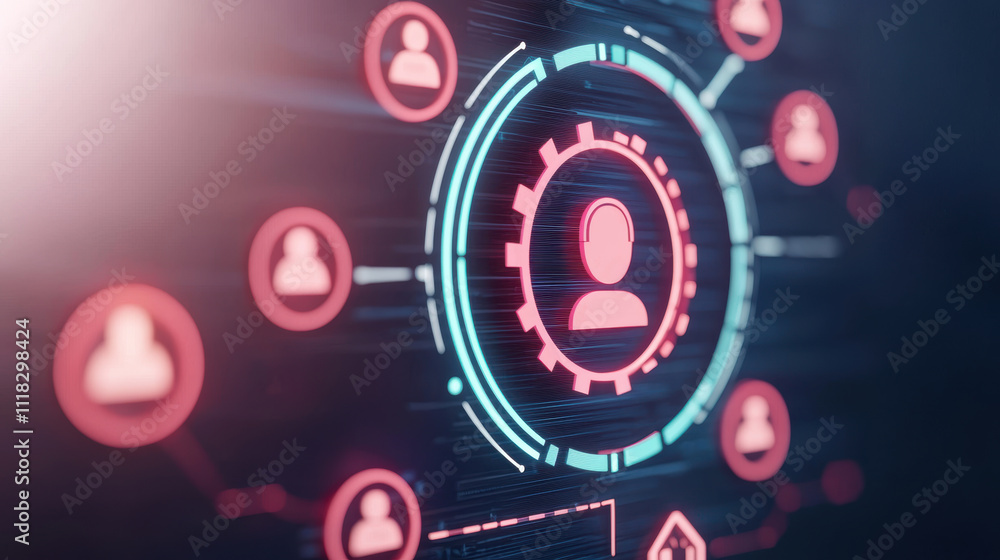 Poster digital interface with user icons and futuristic design elements