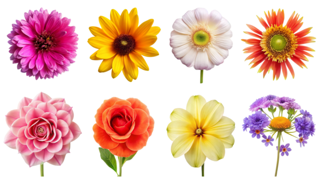Set of eight various flowers on transparent background