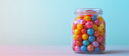 Colorful gumballs in a glass jar against a pastel background.