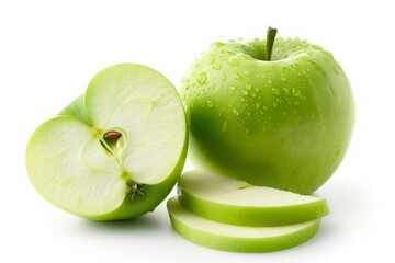 Green apple with water droplets, sliced and whole, white background.