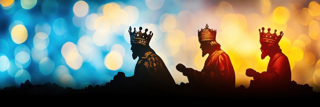 Three Wise Kings Silhouette with Festive Bokeh for Christmas Card Design, Epiphany day