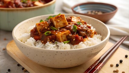 Mapo tofu bowl served over steamed rice with green onion garnish