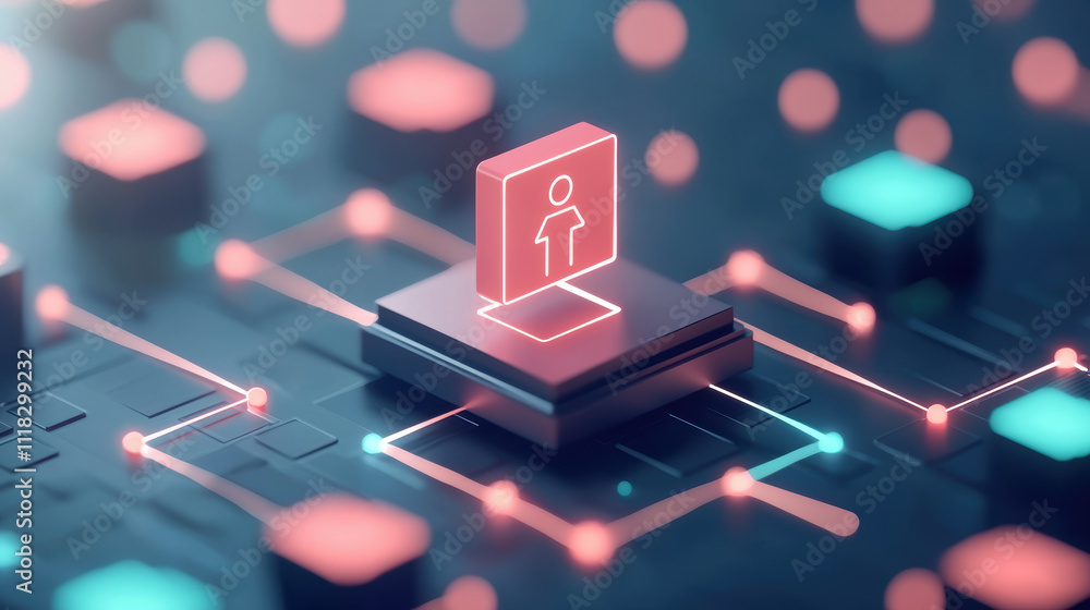 Poster digital icon representing user interface on circuit board background, showcasing technology and conn