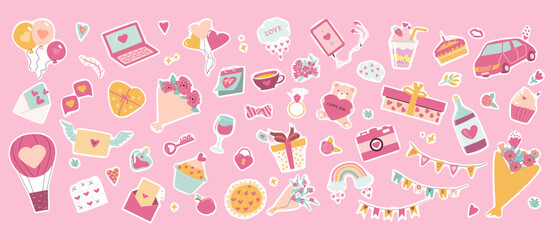 Colorful collection of Valentine Day stickers, cute love and celebration icons on pink background. Set of laptop, flowers, pie, cakes, camera, car and other romantic elements.