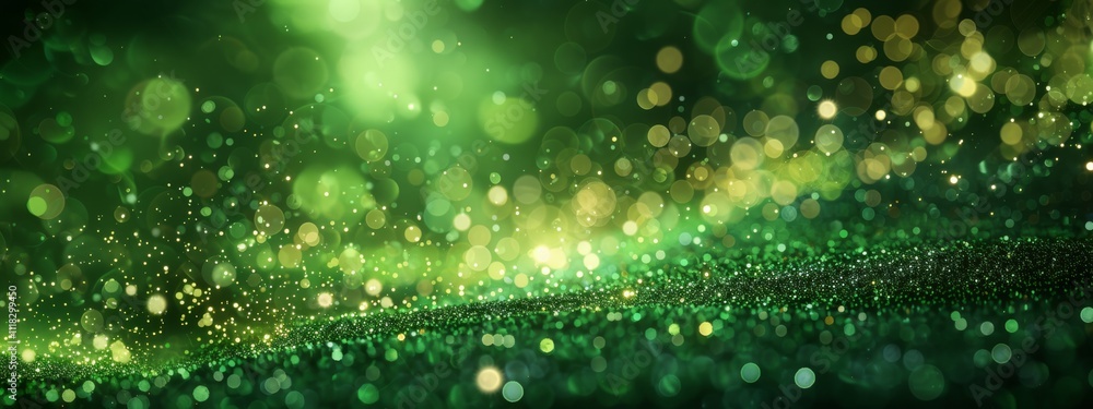 Poster glowing green particles are scattered across a textured surface with a bokeh effect. concept of magi