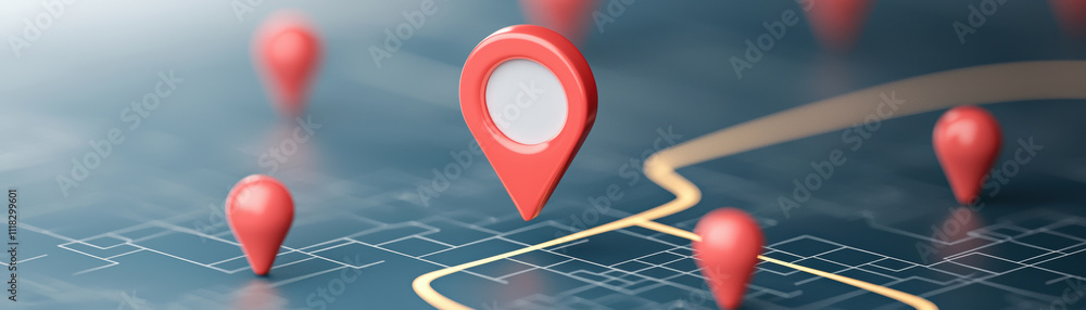 Poster digital map with red location markers and highlighted route
