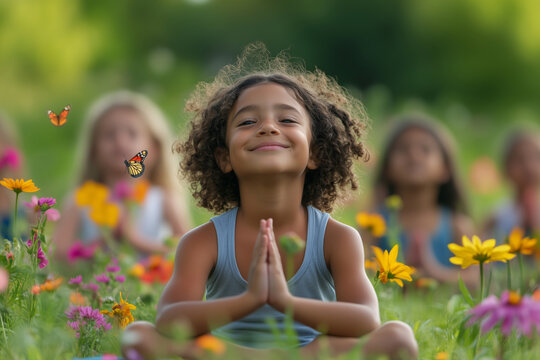 Children joyfully practicing yoga in a vibrant flower field during a sunny day
