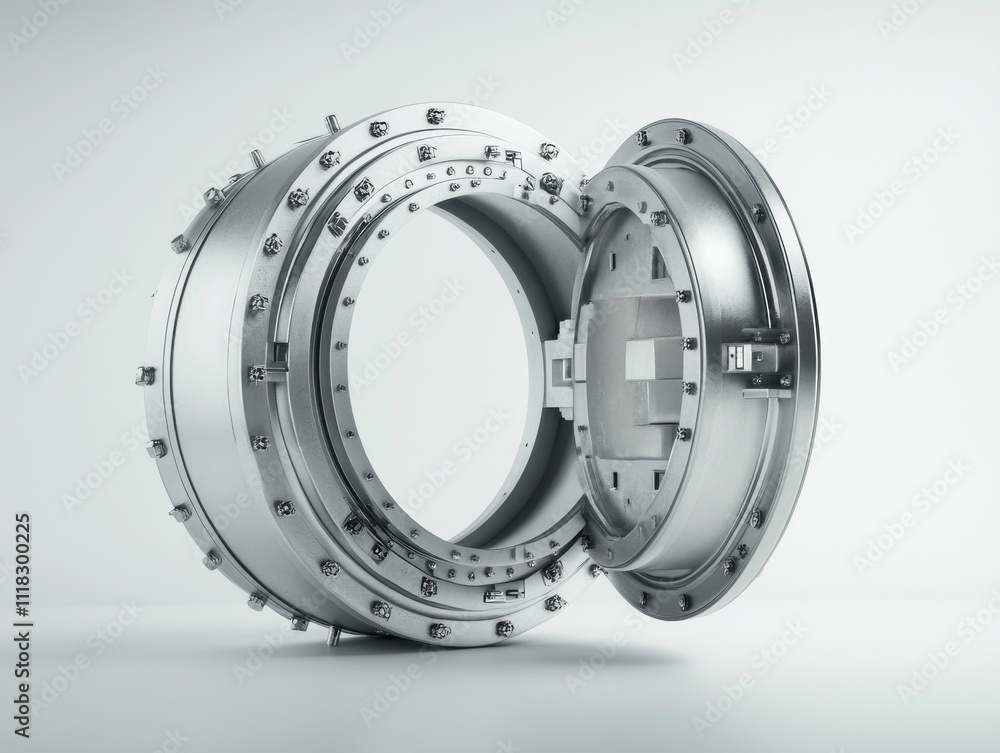 Poster metallic safe door open with detailed bolt mechanism exposing interior structure in a minimalist, ab