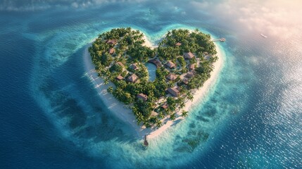 Aerial View of a Heart-Shaped Tropical Island Surrounded by Water