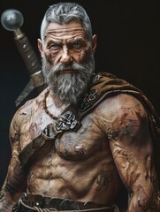 Fototapeta premium Experienced warrior with a striking appearance and detailed tattoos holding his sword