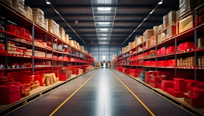 Warehouse Seasonal E-Commerce. A spacious warehouse with neatly organized shelves filled with colorful boxes, creating a structured and efficient storage environment.

