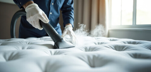 Close-up of gloved hands of male cleaner vacuuming hot steam from a bedroom mattress with space for text. Cleaning and disinfecting bed linens and mattress, cleaning company