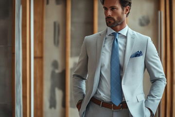 Skilled construction worker diligently installing drywall in modern building