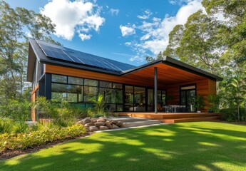 Obraz premium Modern eco-friendly house with solar panels surrounded by lush greenery and a serene garden, featuring large windows and wooden elements for an inviting atmosphere