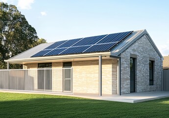 Fototapeta premium Modern House with Solar Panels on Roof Surrounded by Green Grass, Featuring a Contemporary Design and Eco-Friendly Energy Solutions in a Sunny Environment
