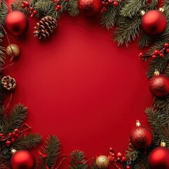 Red Christmas template for design with festive frame on red background. Flat lay, top view and copy space for text