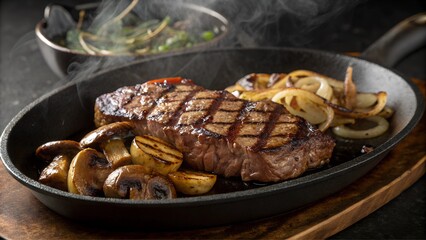 Sizzling New York strip steak with mushrooms and onions in a skillet