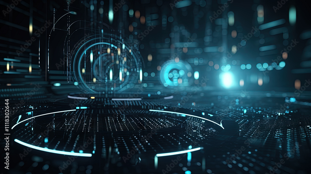 Poster Technology abstract background with hud styled round interface elements in neon tech light.