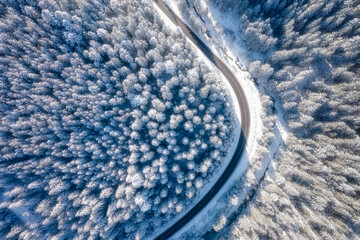 Natural winter landscape from air. Aerial view on the road and forest at the winter time. Winter...