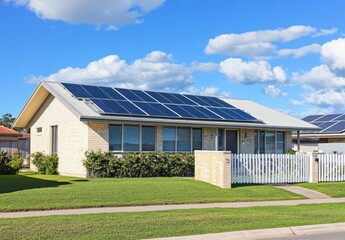 Naklejka premium Modern Residential Home with Solar Panels on Roof Surrounded by Lush Green Lawn and White Picket Fence Against a Bright Blue Sky with Fluffy Clouds