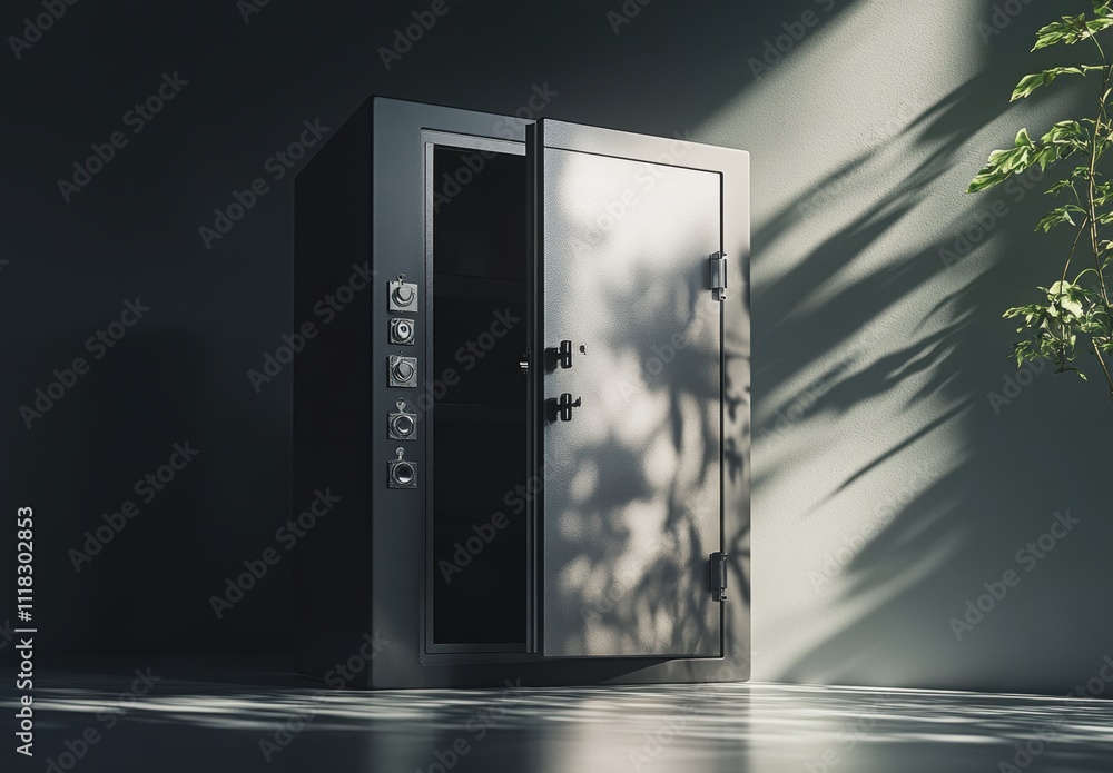 Poster modern secure safe with open door in minimalistic interior space highlighting natural light and soft