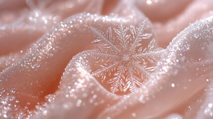 Obraz premium Delicate snowflake rests on peach fabric with water droplets.