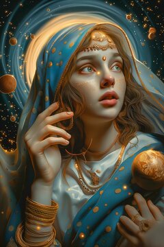 sainte vierge a l'aur&eacute;ole dans une galaxie de plan&egrave;tes