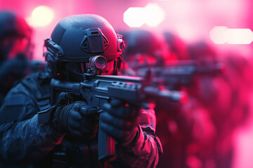 A tactical unit prepares for action, armed and ready, in a red-lit environment