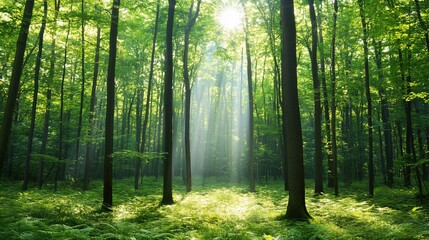 Obraz premium Lush forest with sunlight filtering through trees, creating a serene atmosphere.