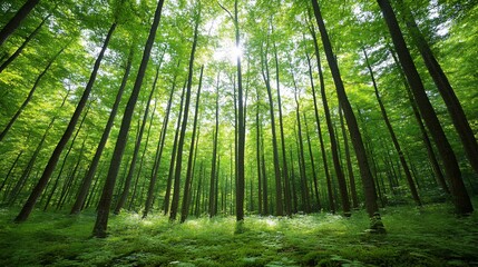 Naklejka premium Lush green forest with tall trees and sunlight filtering through.