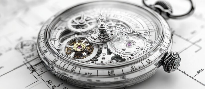 Close-up of a meticulously crafted skeleton pocket watch, showcasing its intricate gears and mechanics on a blueprint background.