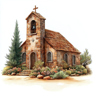 recommend clip art: Antique stone church with terracotta roof stands on white background. Flowers, shrubs surround church building. Historic building seems old, rural with steeple, cross atop. Suitable for religion
