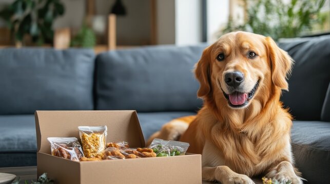 A dog sitting next to a subscription box of customized treats and meals, tailored for its preferences and nutritional needs.
