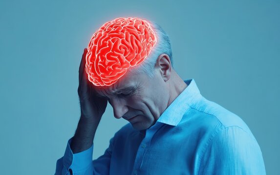 A man with a glowing brain symbolizing mental processes and cognitive stress.