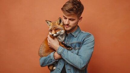 Obraz premium In a cozy indoor environment, a young man dressed in a denim jacket gently holds a red fox. The warm background enhances the intimate atmosphere, showcasing their connection